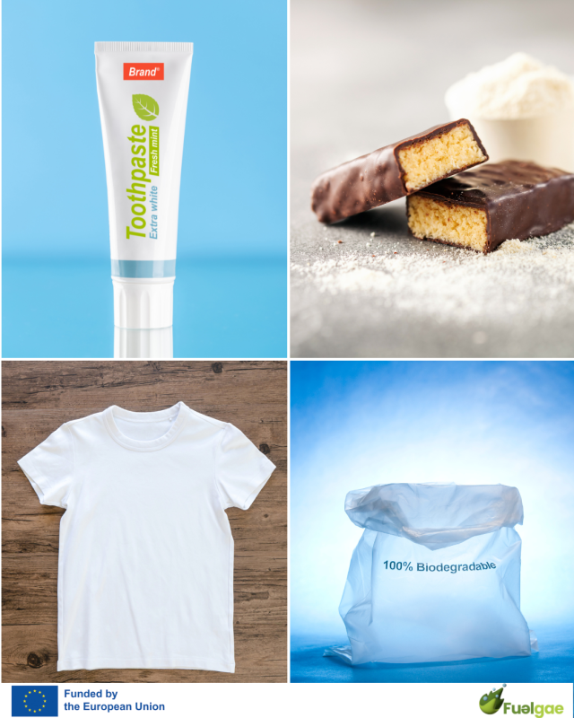Image with four panels. Each panel shows a product that can contain algae or microalgae. Top left: toothpaste. Top right: protein bar. Bottom left: t-shirt. Bottom right: ecoplastic bag.