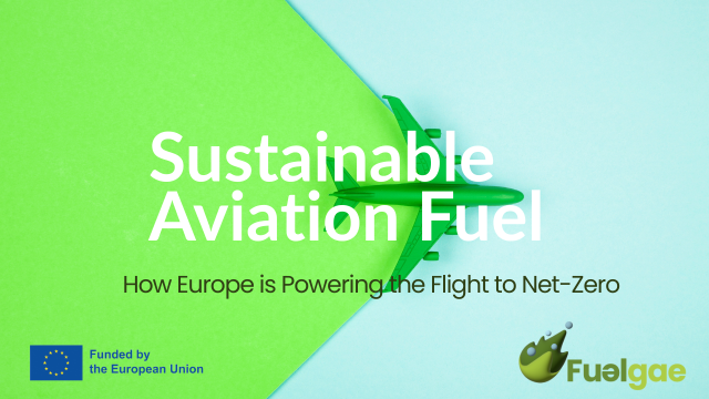 Sustainable aviation fuel white title against n image of a green toy plane 