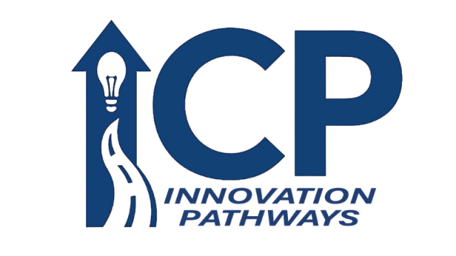 The logo for Innovation Pathways features the letters ICP in a large, dark blue font. To the left of the letters, a dark blue arrow points upwards, containing a white lightbulb and a stylized road. Below the ICP logo, the words INNOVATION PATHWAYS are written in smaller, dark blue capital letters.