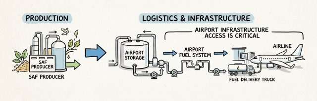 This is a graphic illustrating Sustainable Aviation Fuels Deployment. From building refineries and supply chains to turn waste oils, agricultural residues, and captured carbon into jet fuel, to supplying alternative fuel to airports so airlines can refuel flights without changing existing engine technology.